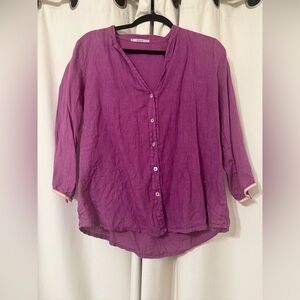 Dr Bloom 100% Linen Fuchsia Purple 3/4 Sleeve Button-down Top Size S/M